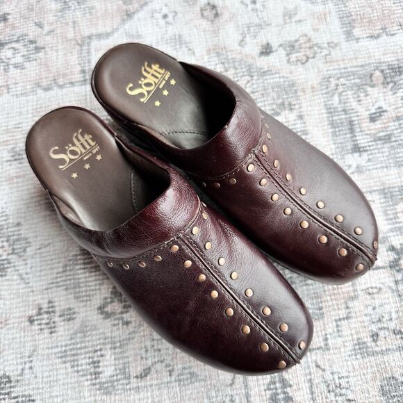 New Sofft Womens Slip Resistant Leather Clogs 7 M Studded Mule Slip On Brown - Picture 6 of 9